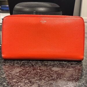 Celine Vibrant Orange/Red Leather Zip Around Wallet